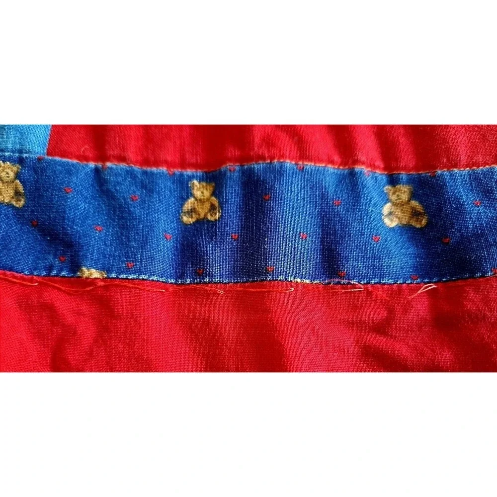 Vintage Teddy Bear Patchwork Quilt Red Navy Blue Ruffle Nursery Blanket 67x44‎